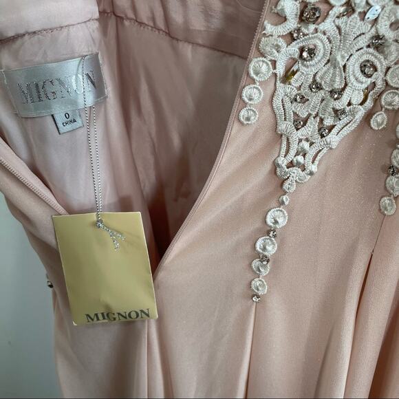 NWT Mignon Metallic Blush Pink Illusion Low Back Chiffon Beaded Maxi Dress 0 - Picture 11 of 12